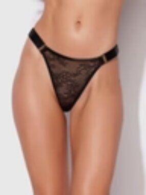 Frederick's of Hollywood Pia Lace Elastic Side Black Thong-NWT